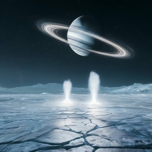 Vue de la surface glacée d'une lune avec des geysers jaillissants sous une planète géante à anneaux.