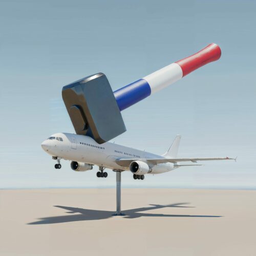Un cadenas géant doté d'un manche tricolore français s'abat sur un avion de ligne.