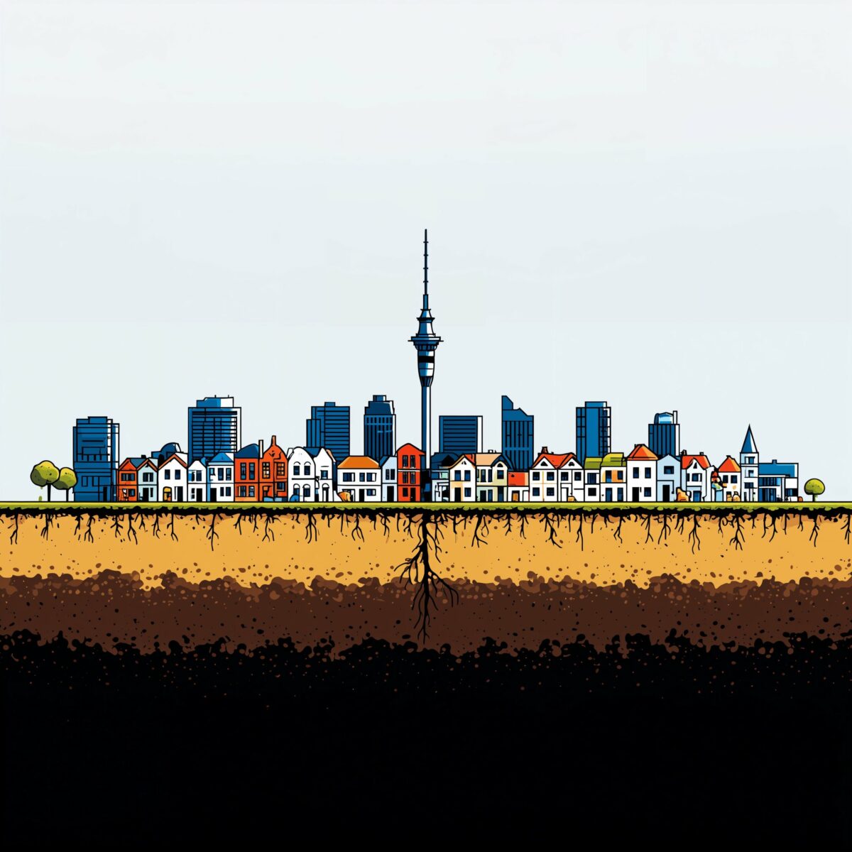 Illustration en pixel art d'une ville où une tour de télécommunication prend racine dans les profondeurs du sol.
