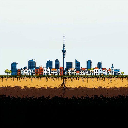 Illustration en pixel art d'une ville où une tour de télécommunication prend racine dans les profondeurs du sol.