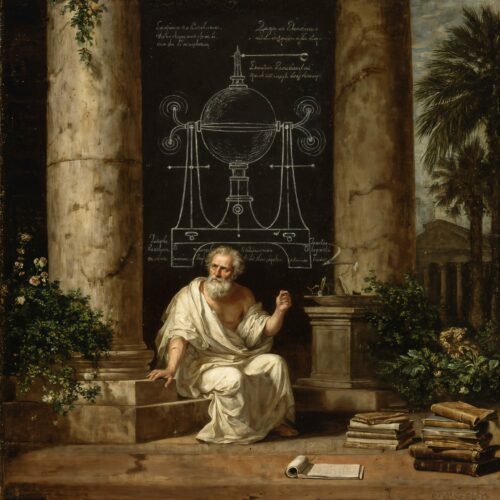 Peinture classique d'un savant antique assis entre deux colonnes devant le schéma d'un mécanisme complexe.