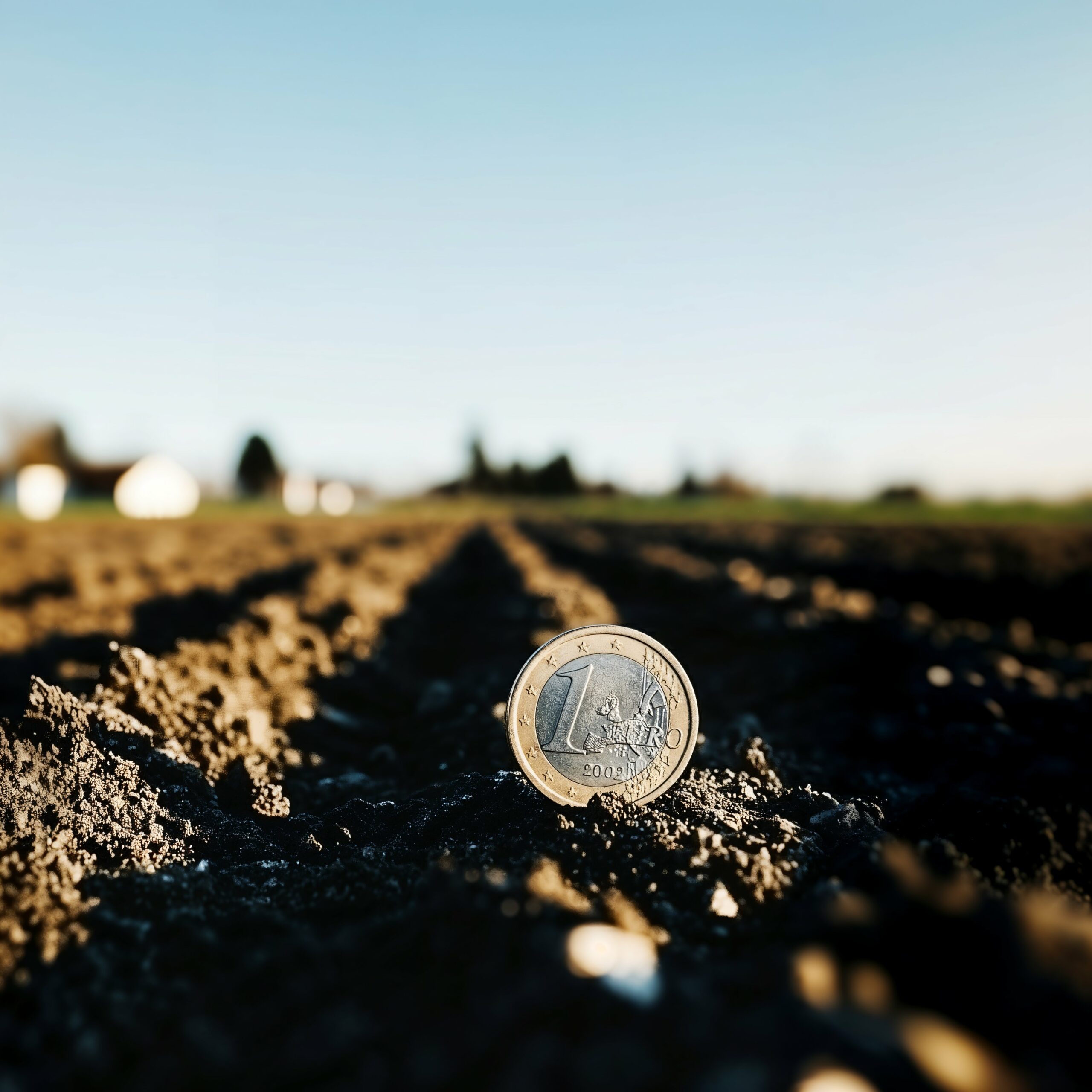 Une pièce d'un euro posée dans le sol d'un champ labouré.