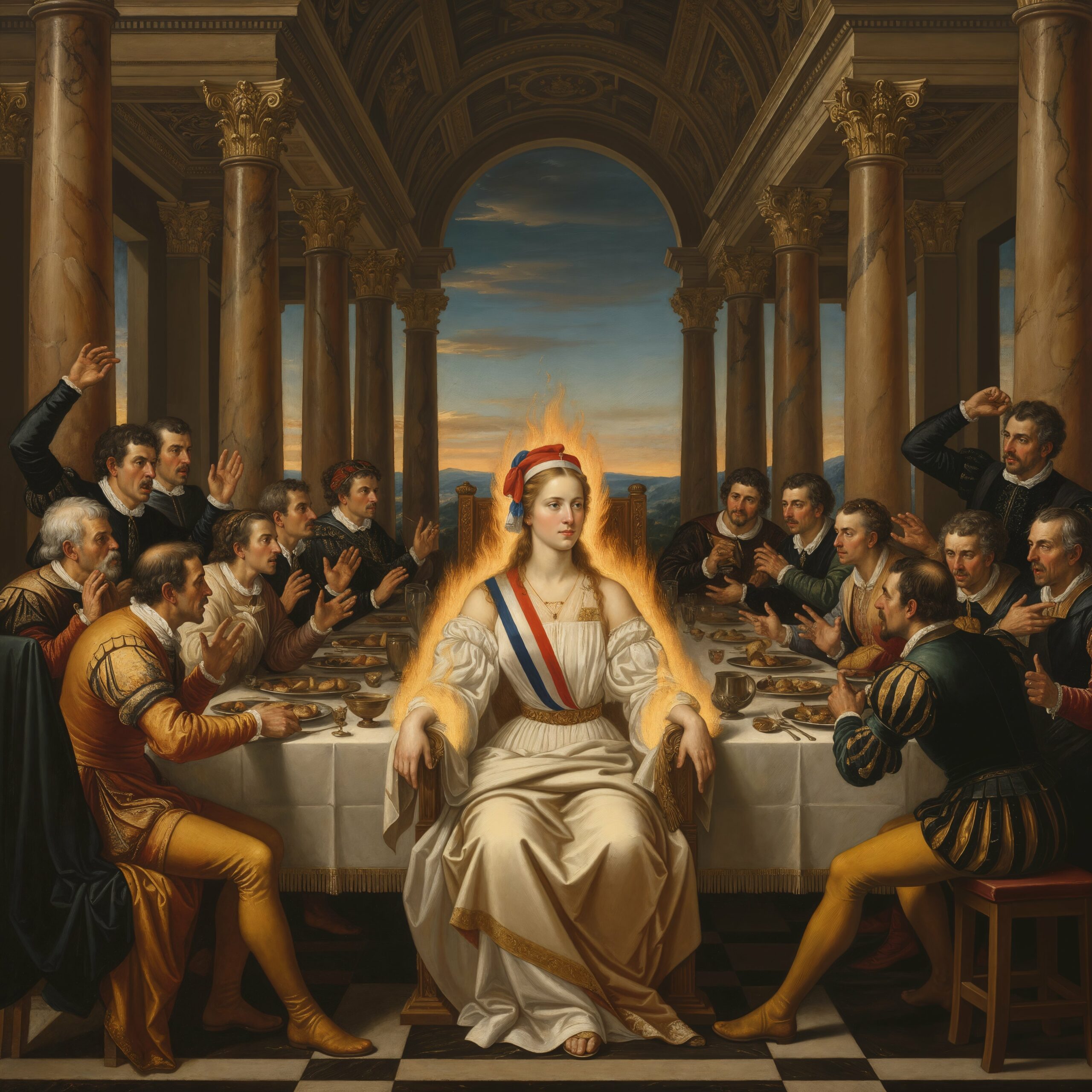 Céleste, drapée d'une aura lumineuse et portant une écharpe tricolore, préside un banquet entourée d'hommes en tenue d'époque.