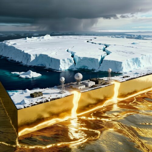 Illustration surréaliste d'un cube de banquise arctique fissuré surplombant un terrain doré.