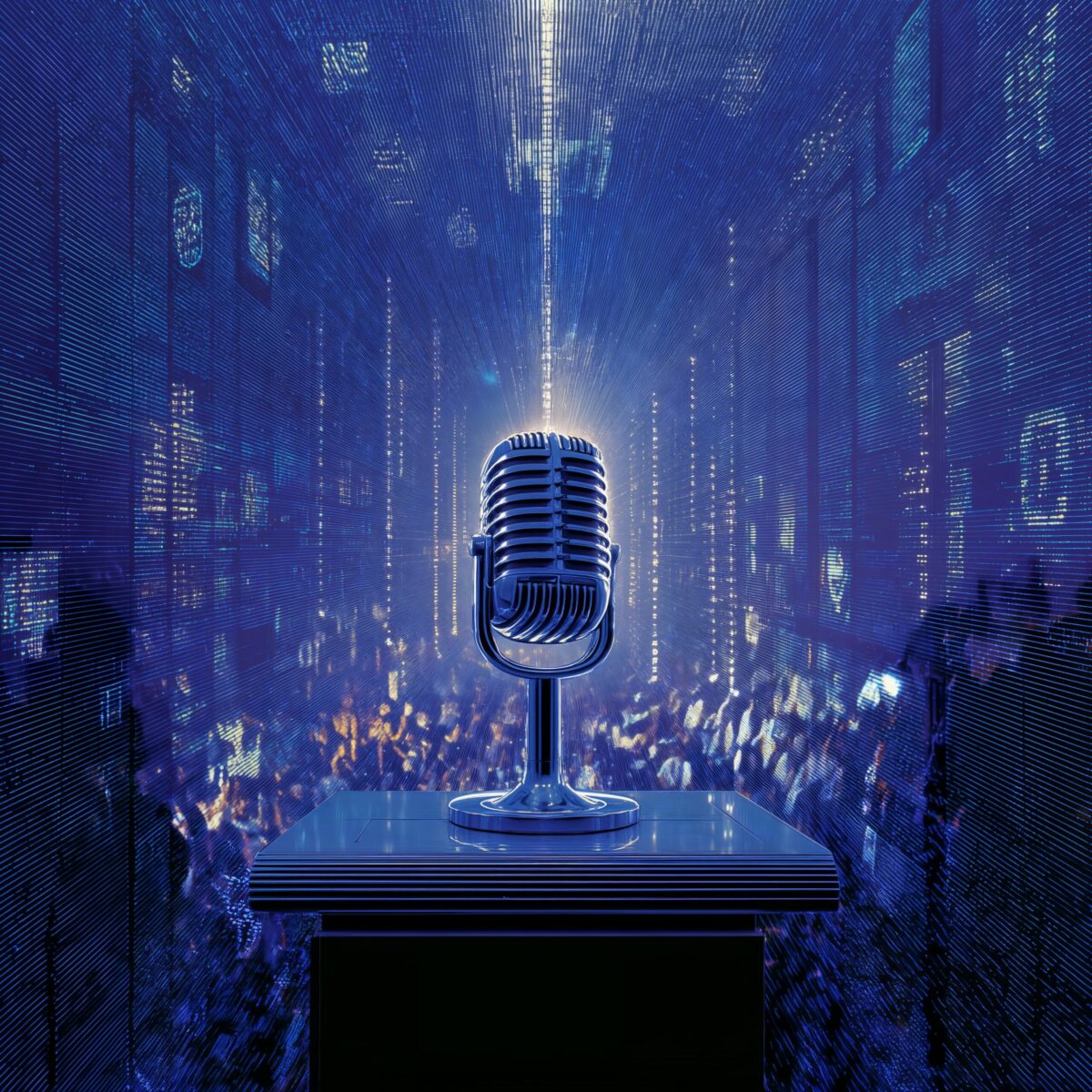 Un micro vintage éclairé par un faisceau lumineux dans un environnement futuriste bleuté.