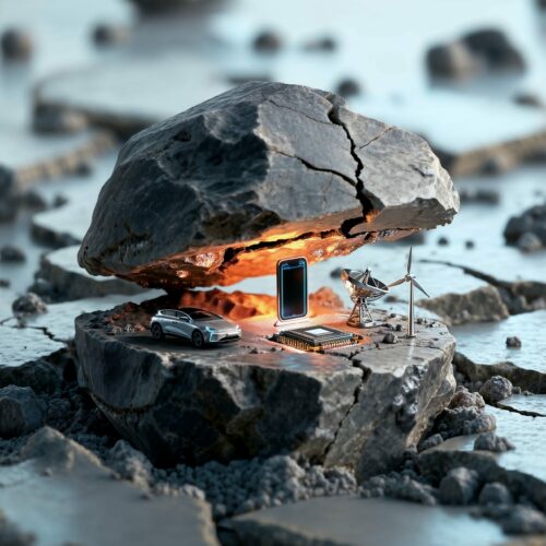 Un monde miniature aménagé à l'intérieur d'un rocher fendu avec un petit habitat éclairé, une voiture et une éolienne.