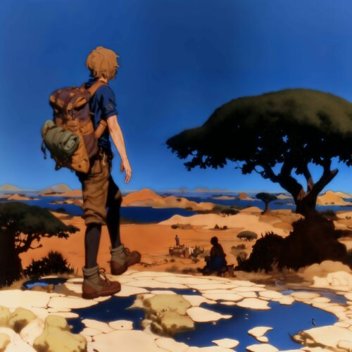 Céleste, une aventurière rousse portant un sac à dos, contemple un vaste paysage désertique depuis un plateau rocheux.