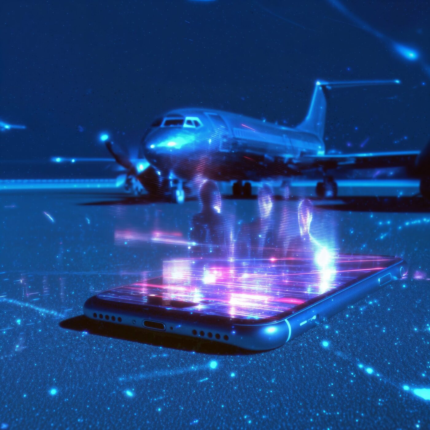 Un smartphone projetant des silhouettes holographiques sur un tarmac devant un avion de ligne baigné de lumière bleue.