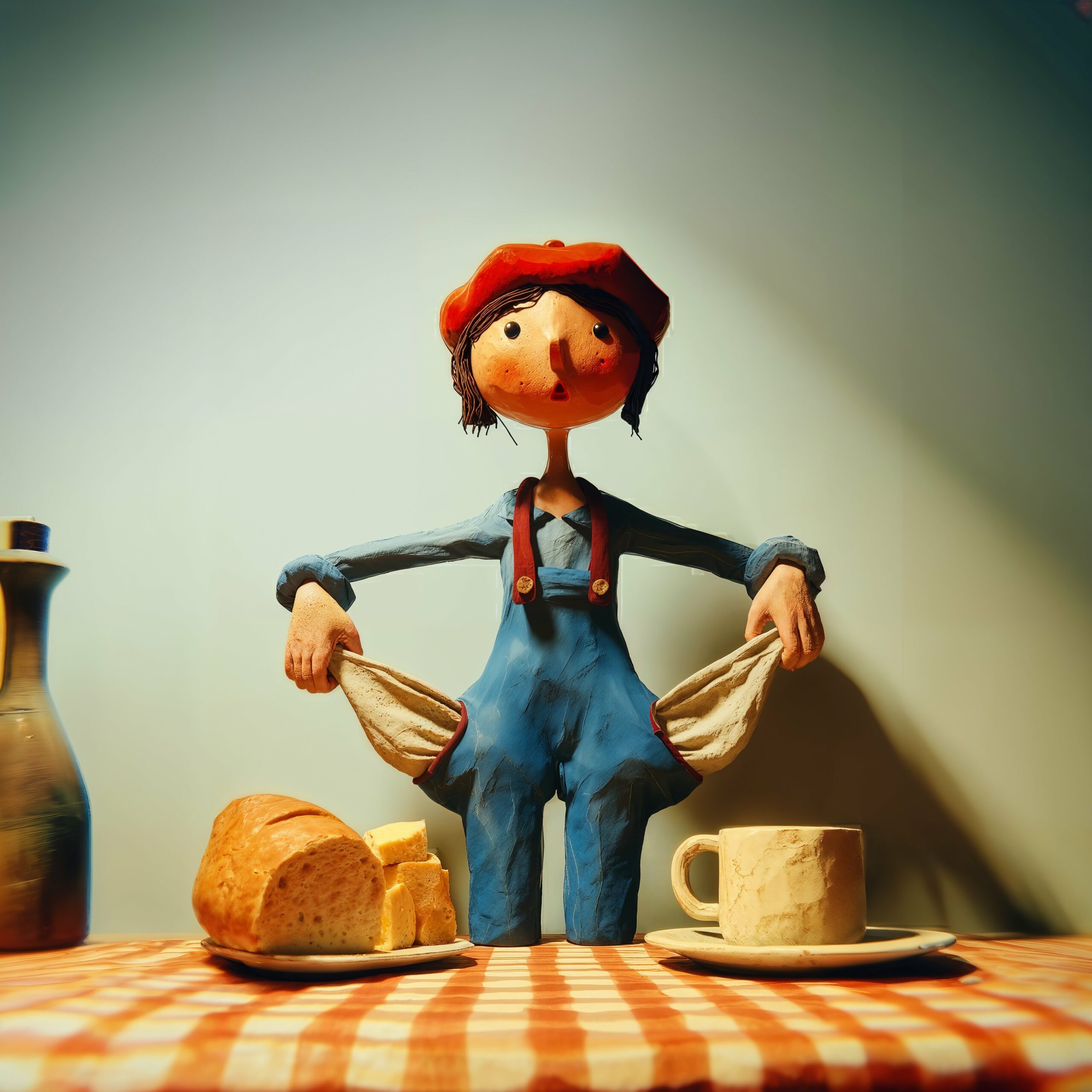 Céleste, une figurine en pâte à modeler aux cheveux roux, montre les poches vides de sa salopette bleue.
