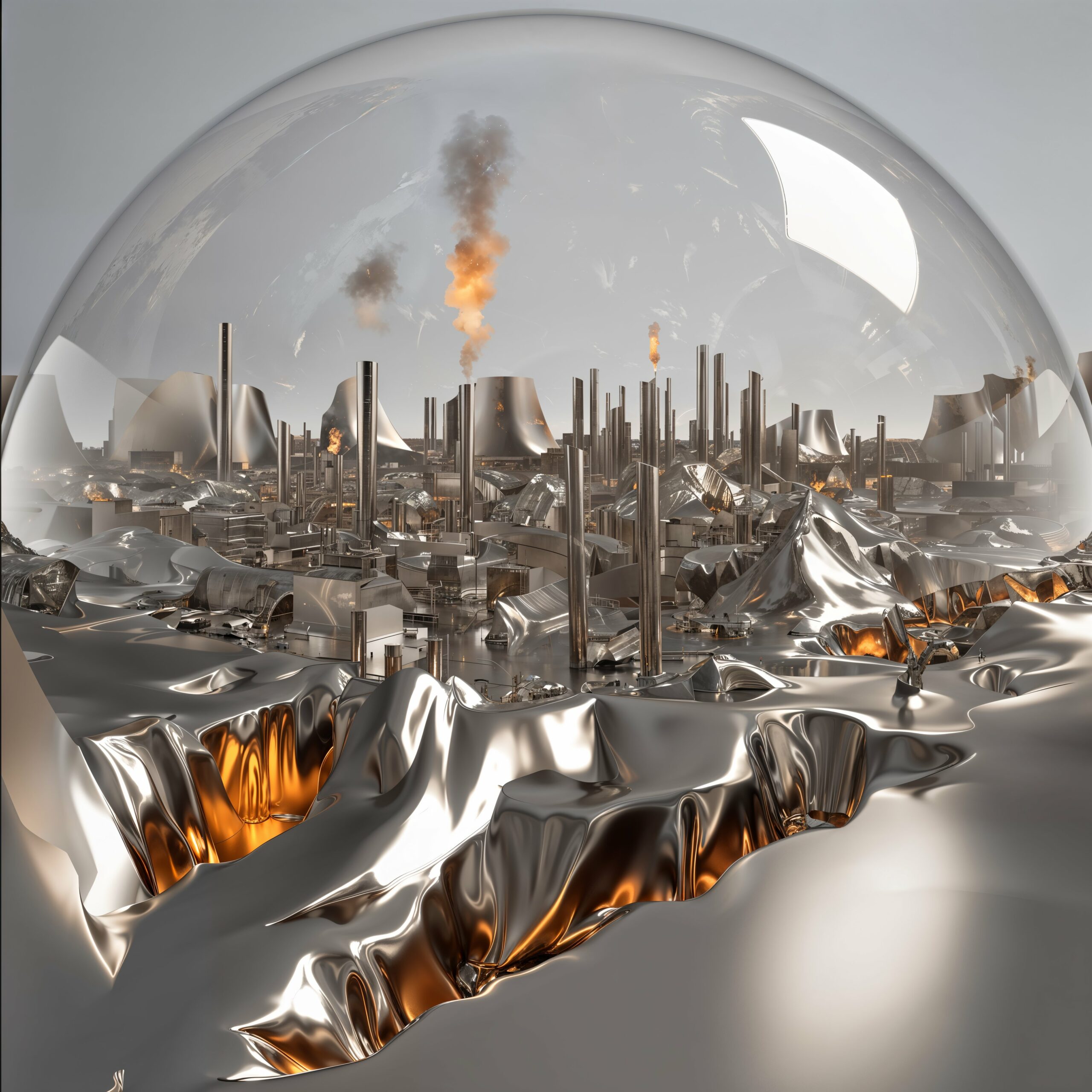 Boule à neige en verre contenant une cité industrielle miniature avec des cheminées crachant du feu et de la fumée.