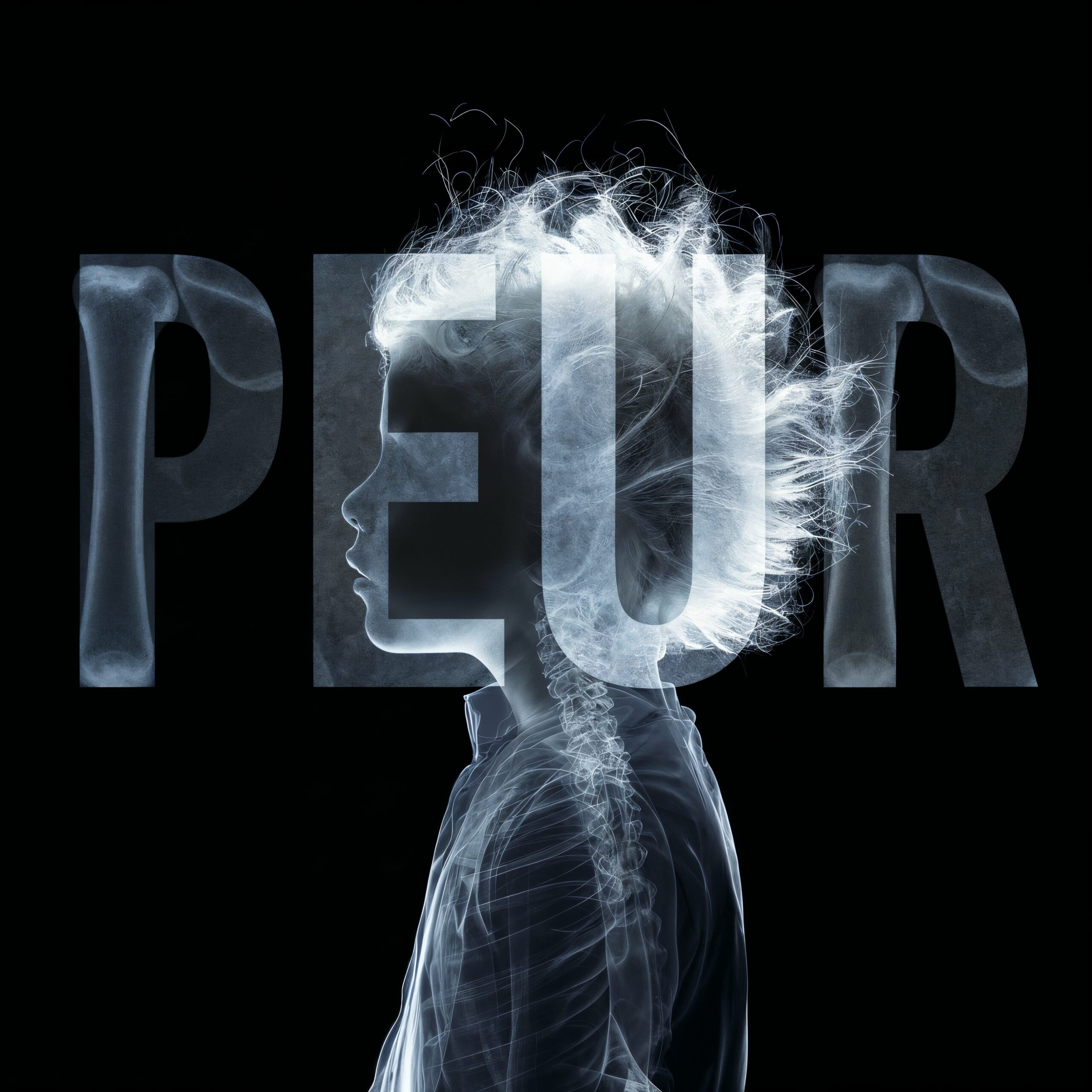 Typographie du mot PEUR intégrée à la silhouette lumineuse d'une tête humaine vue de profil.