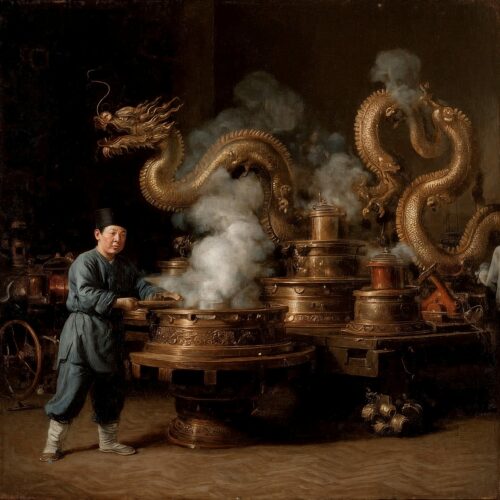 Un homme en tenue bleue manipule un imposant appareil en bronze surmonté de dragons sculptés fumants.