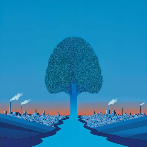 Illustration surréaliste d'un grand arbre se fondant dans une rivière au milieu d'un paysage industriel.