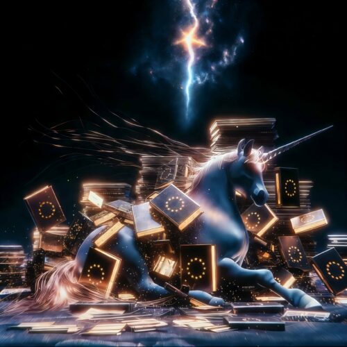 Une licorne brillante aux côtés de Céleste couchée au milieu d'une pile de livres magiques éclairés par la foudre.