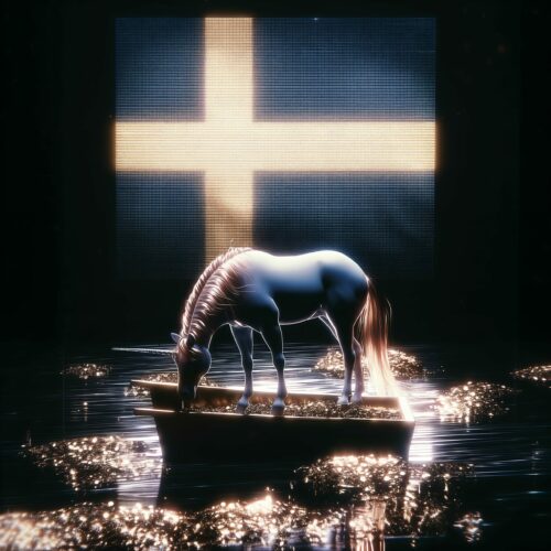 Cheval debout sur une plateforme éclairée devant une grande croix lumineuse sur fond sombre.