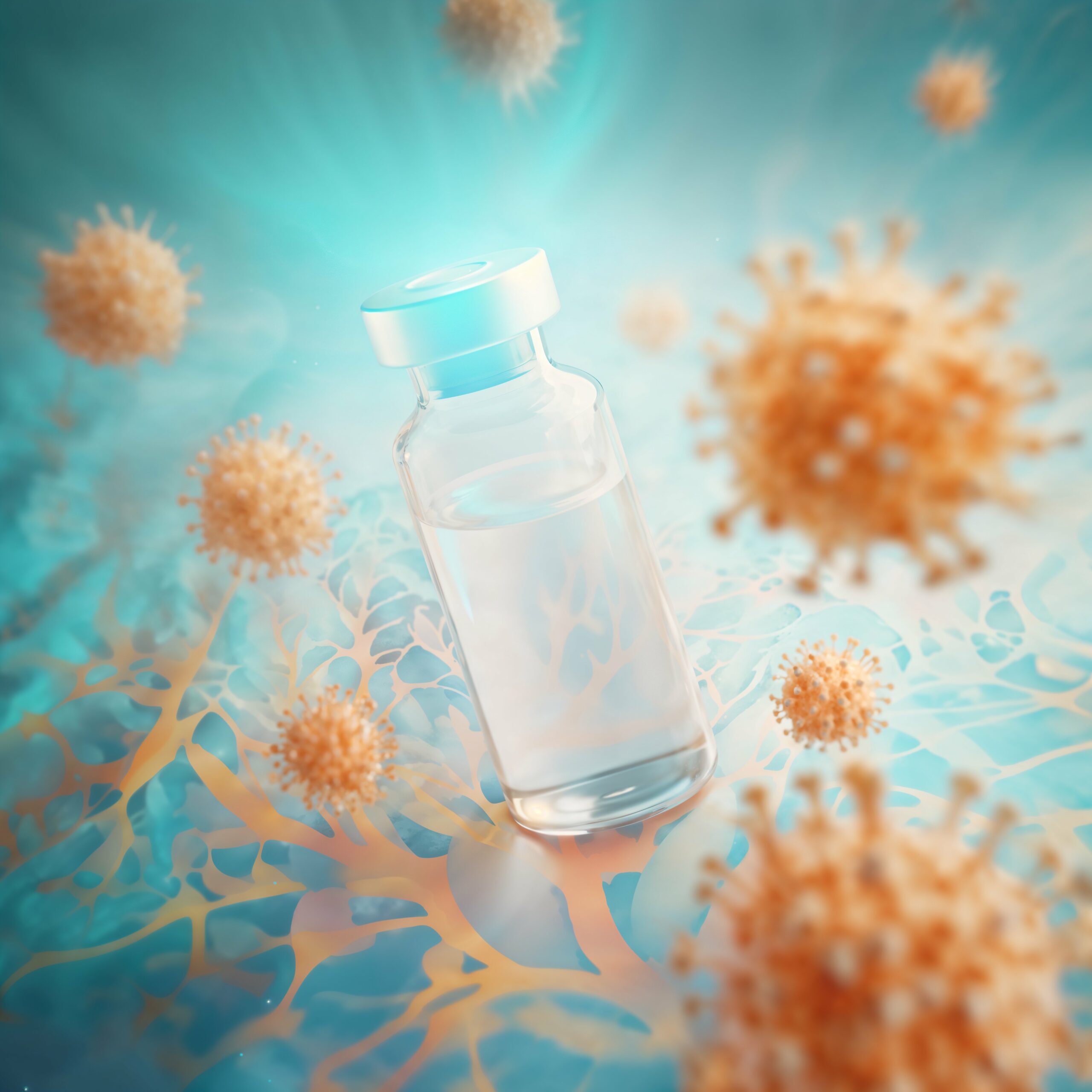 Flacon de vaccin lumineux entouré de particules virales sphériques.