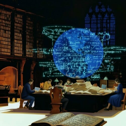 Des chercheurs réunis autour d'une grande table travaillent sous une sphère bleue lumineuse couverte de formules mathématiques.
