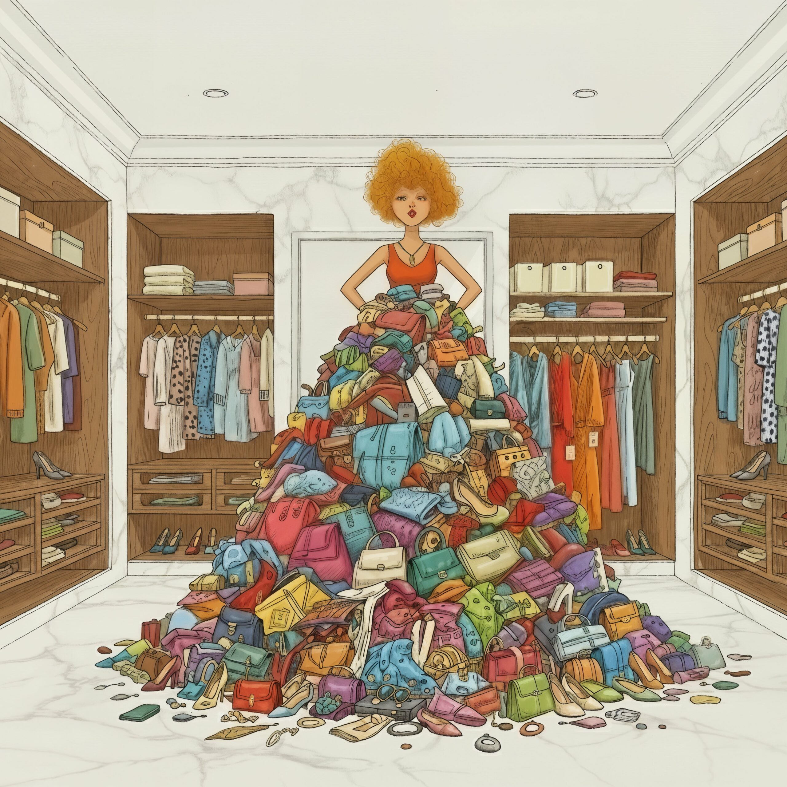 Céleste pose fièrement dans son dressing au centre d'une immense montagne de sacs à main formant une robe.