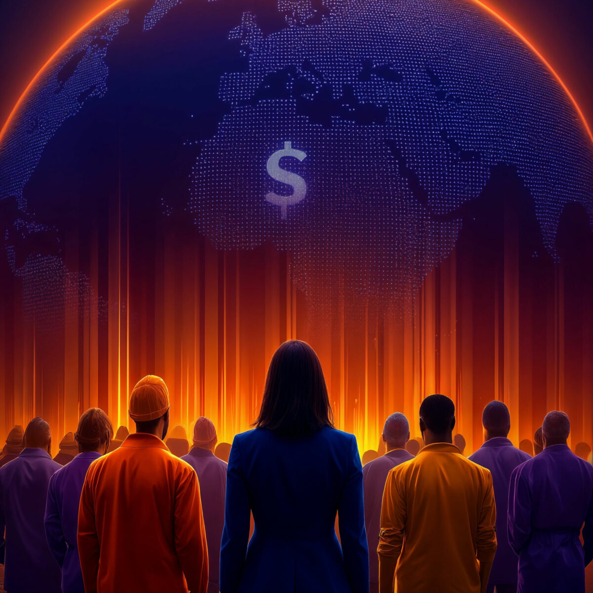 Silhouette d'une foule observant un globe terrestre surplombé d'un symbole du dollar lumineux.