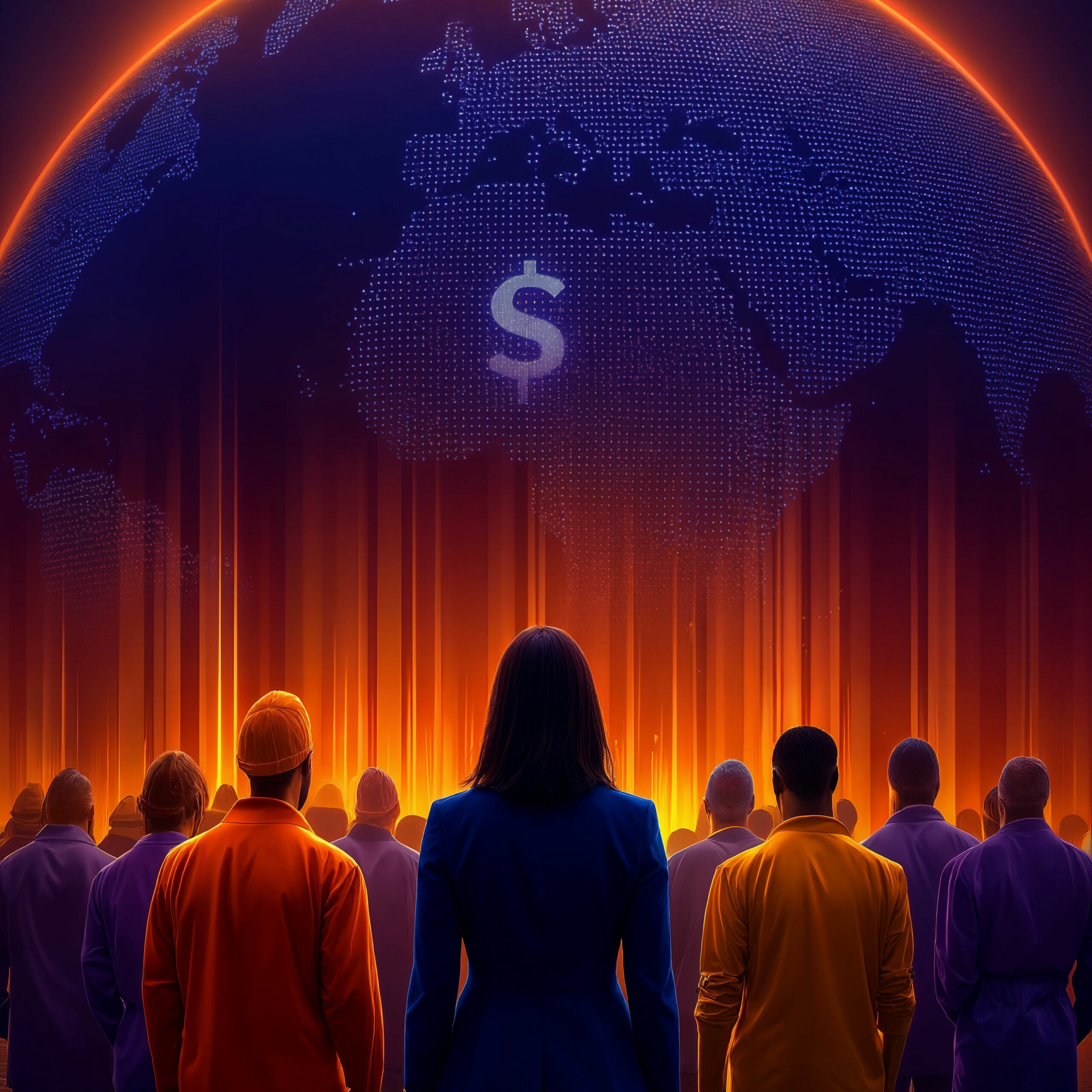 Silhouette d'une foule observant un globe terrestre surplombé d'un symbole du dollar lumineux.