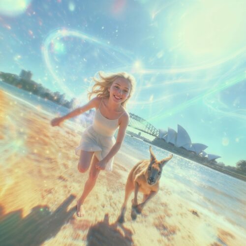 Jeune femme et son chien courant joyeusement sur une plage ensoleillée.