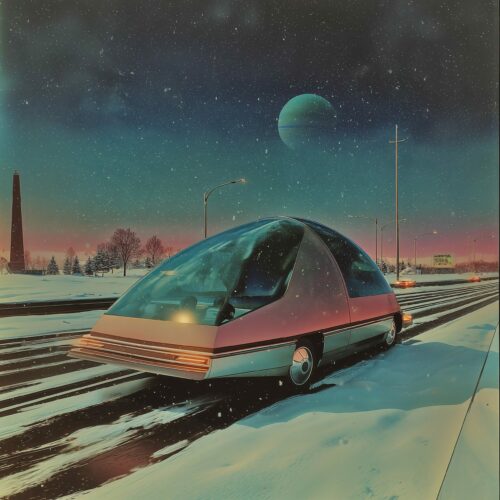 Véhicule rétro-futuriste à dôme de verre roulant sur une route enneigée sous un ciel étoilé.
