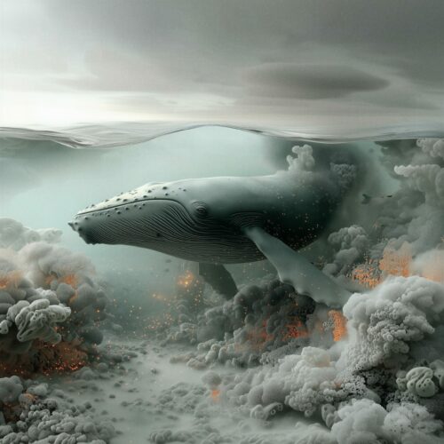 Une baleine à bosse nageant dans un environnement surréaliste composé de nuages et de fumée sous-marine.