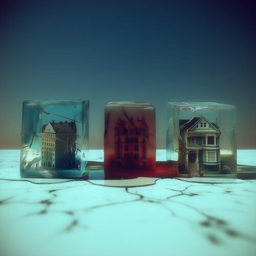 Trois cubes de glace renfermant des maisons miniatures posés sur une surface claire.