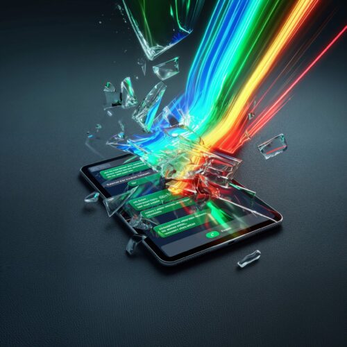 Un smartphone à l'écran brisé expulsant des éclats de verre et un faisceau lumineux arc-en-ciel.