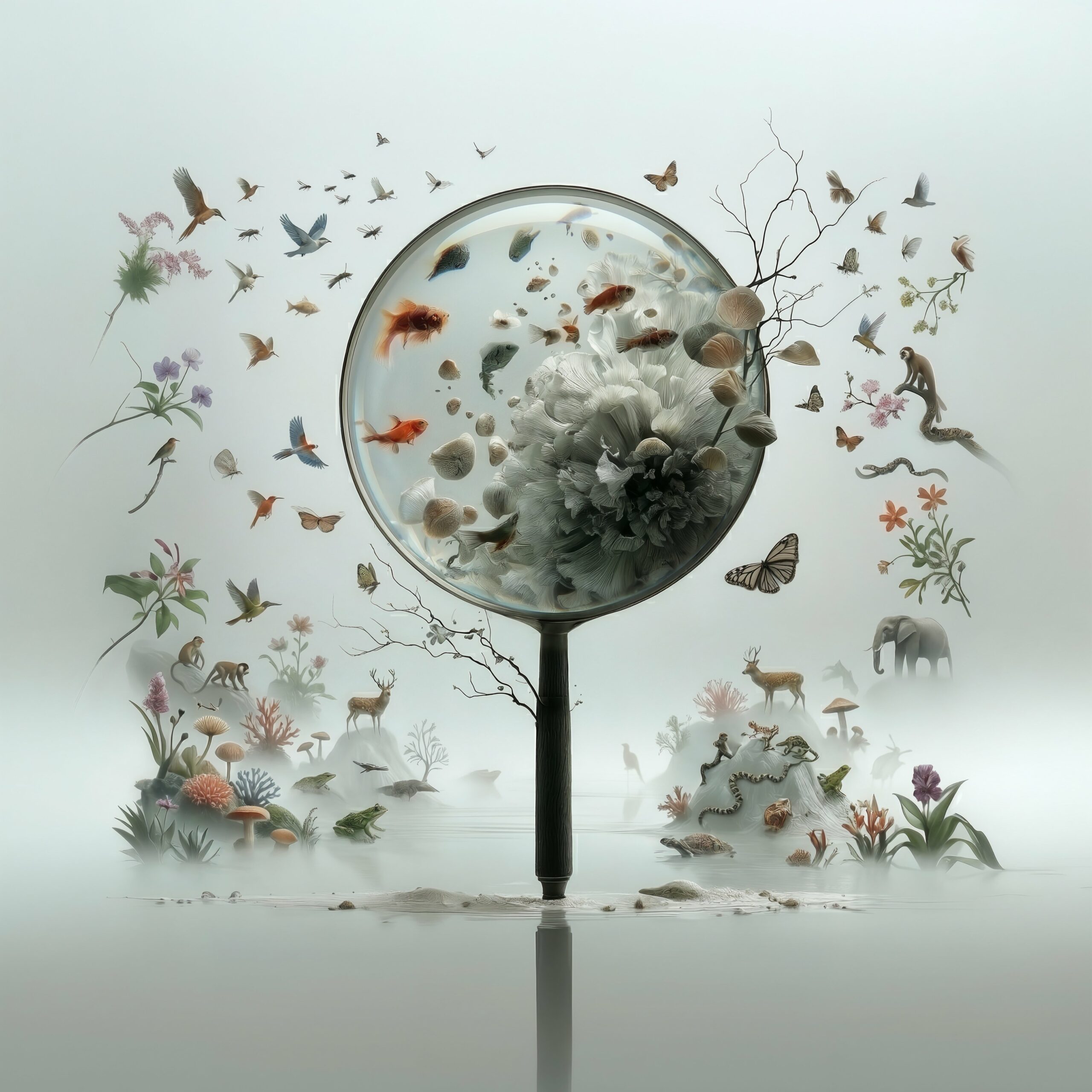 Une loupe au centre d'une composition surréaliste entourée de papillons, d'oiseaux et d'animaux sauvages.