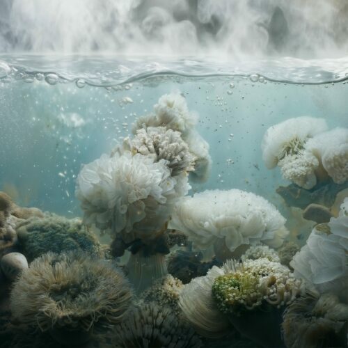 Vue sous-marine d'anémones de mer blanches et duveteuses sous une surface d'eau fumante.