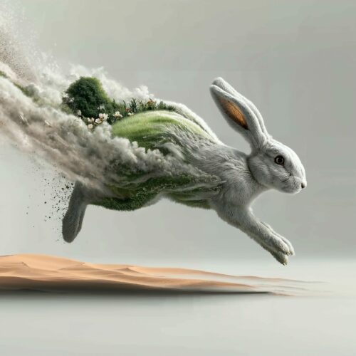 Un lapin blanc bondissant dont le corps fusionne avec un paysage naturel et verdoyant.