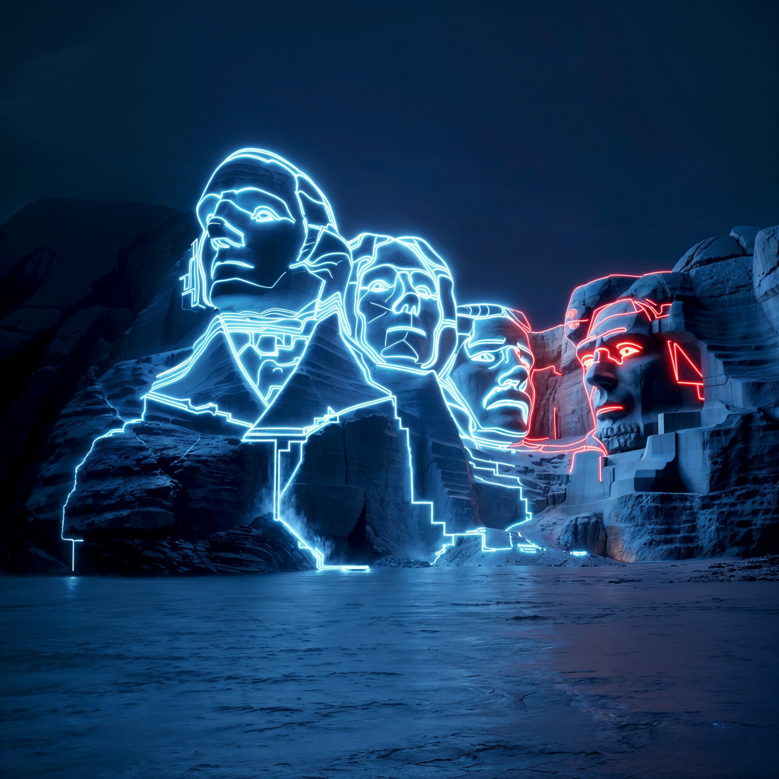 Représentation cyberpunk du mont Rushmore illuminé par des contours en néon bleu et rouge dans la nuit.