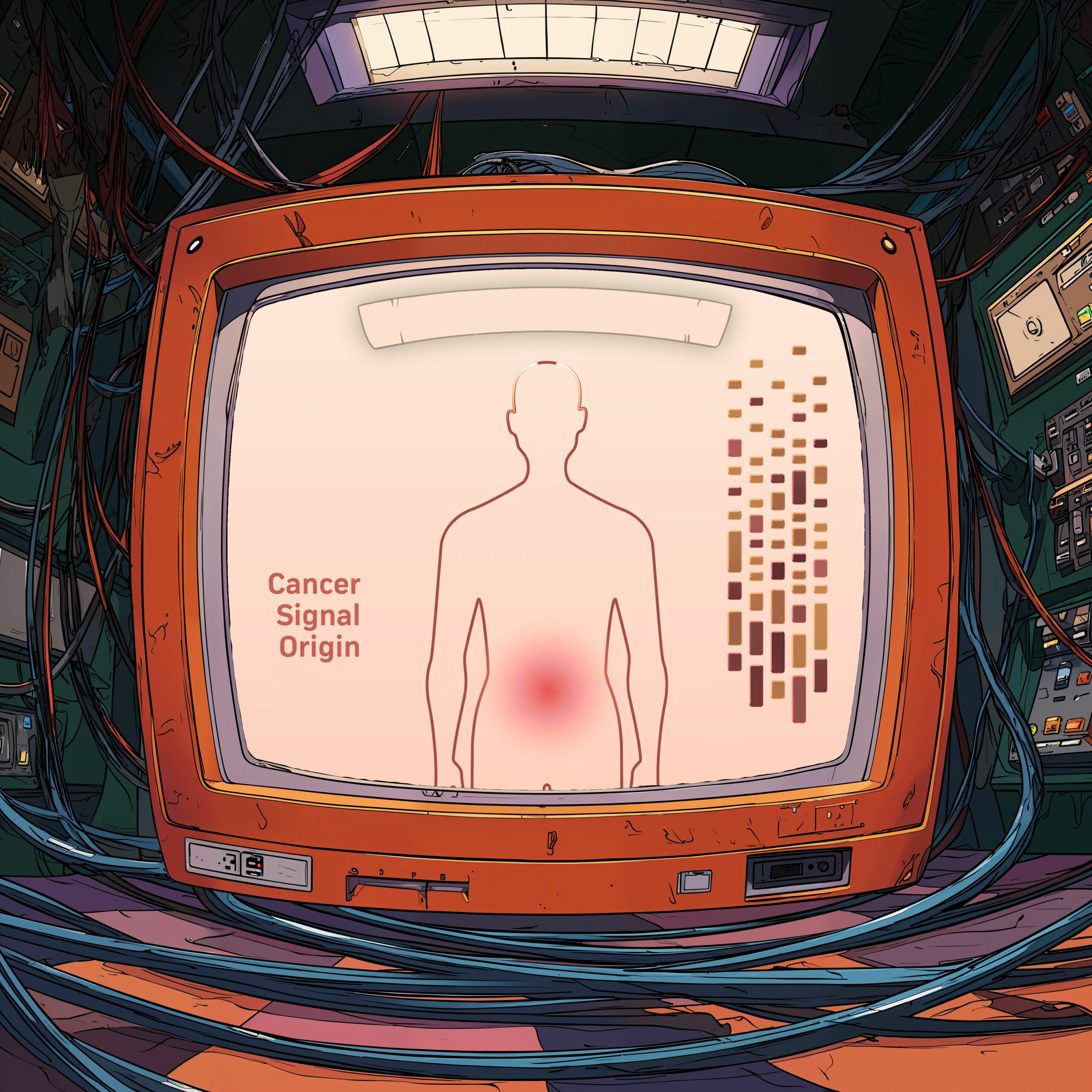 Un écran rétrofuturiste affichant la silhouette d'un corps humain avec un point rouge sur l'abdomen.