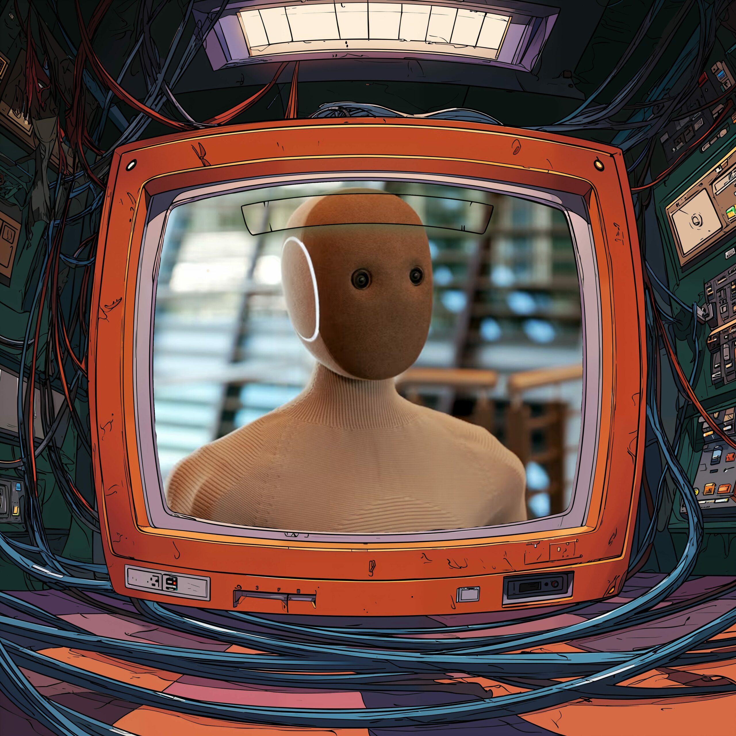 Buste d'un androïde beige affiché sur un écran de télévision orange entouré de nombreux câbles.