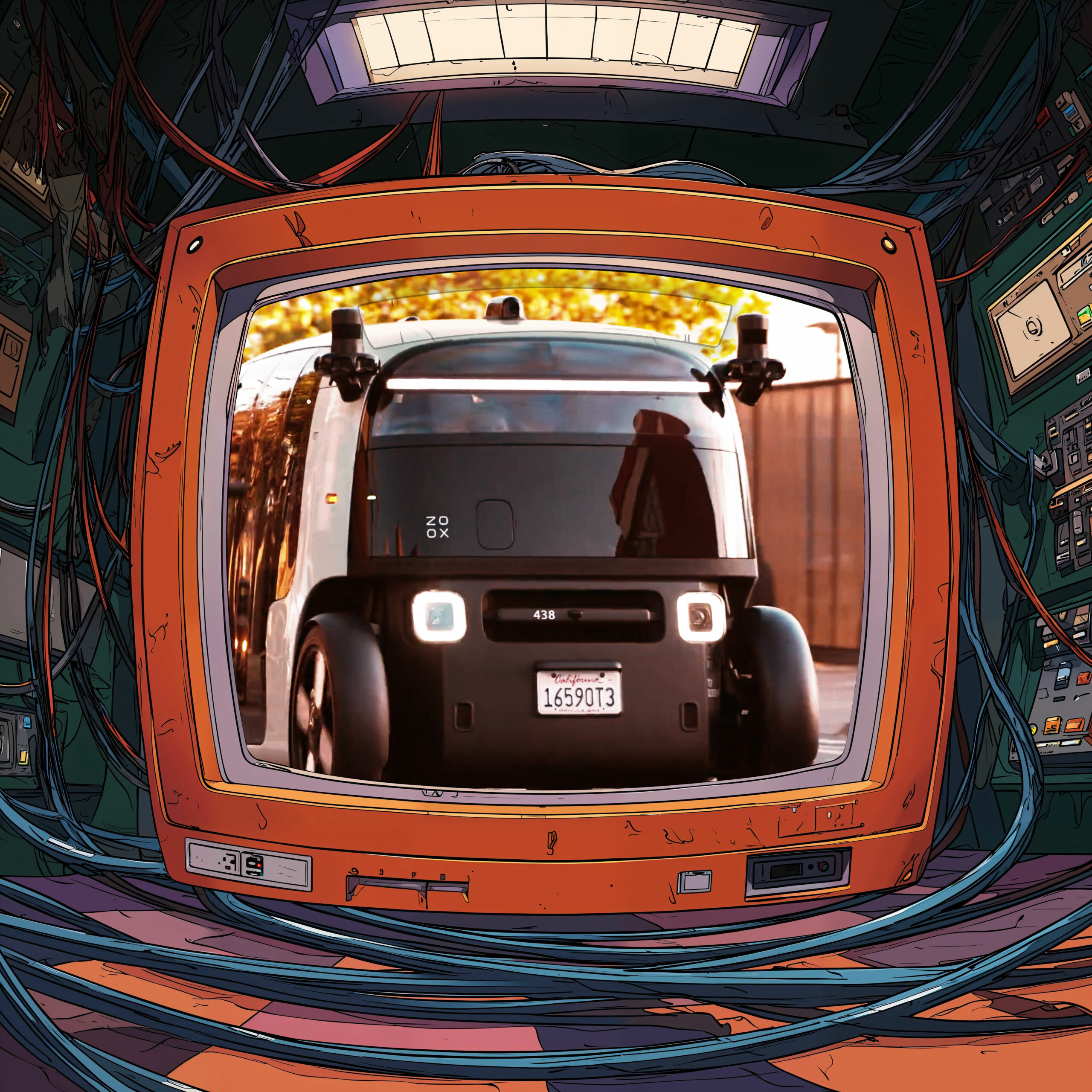 Un véhicule autonome moderne affiché sur l'écran d'une télévision rétro entourée de nombreux câbles.