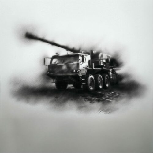 Illustration artistique en noir et blanc d'un camion d'artillerie militaire équipé d'un grand canon.
