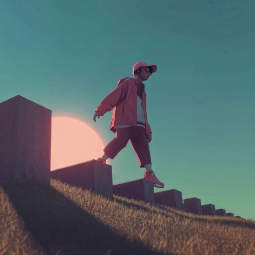Un personnage en veste rose et casquette marche sur des blocs de pierre au coucher du soleil.