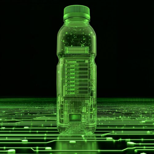 Bouteille en plastique translucide ornée de circuits électroniques verts lumineux.