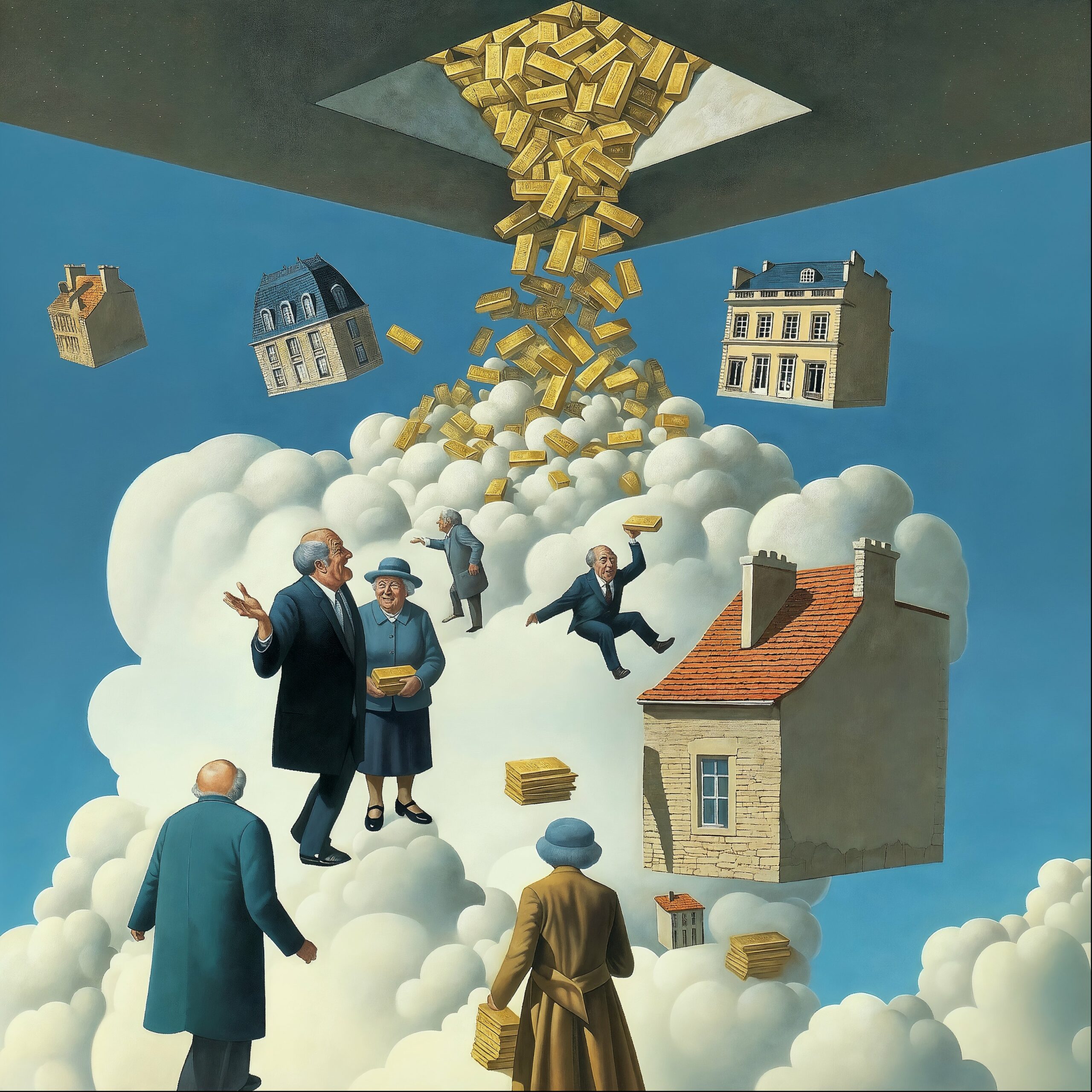 Illustration surréaliste avec des maisons et des personnages flottant dans les nuages sous une pluie de lingots d'or.