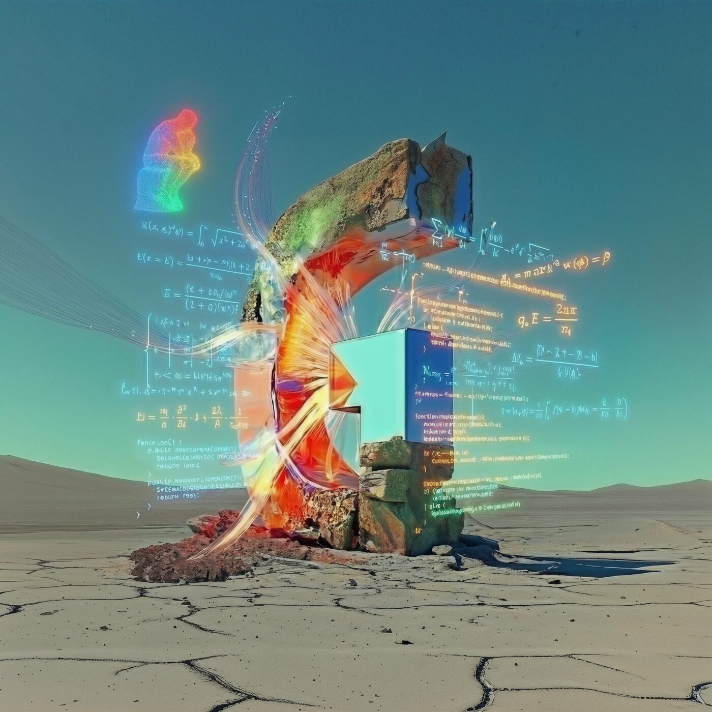 Structure abstraite monumentale couverte d'équations mathématiques lumineuses au milieu d'un désert aride.