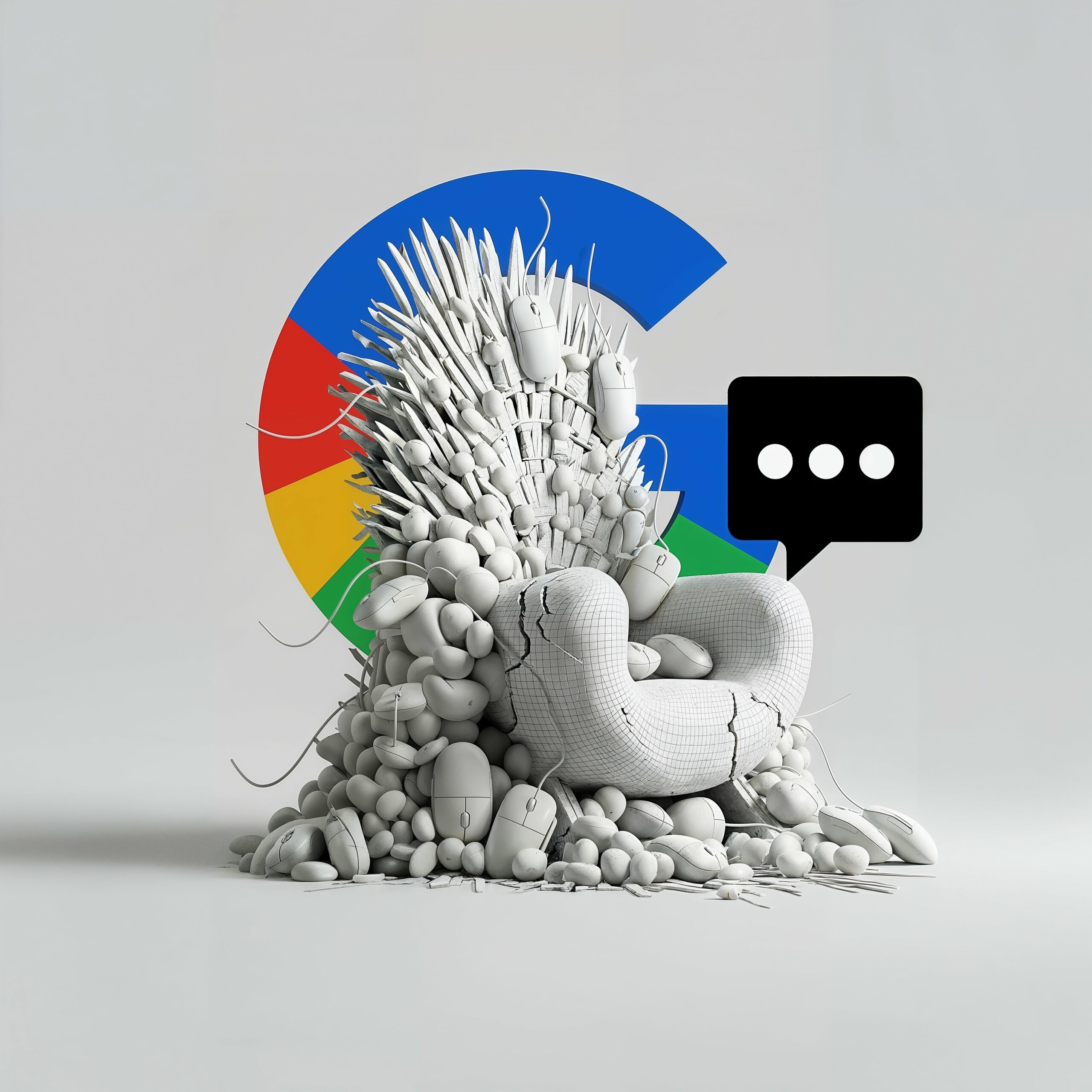 Trône sculpté blanc placé devant le logo Google avec une bulle de dialogue.