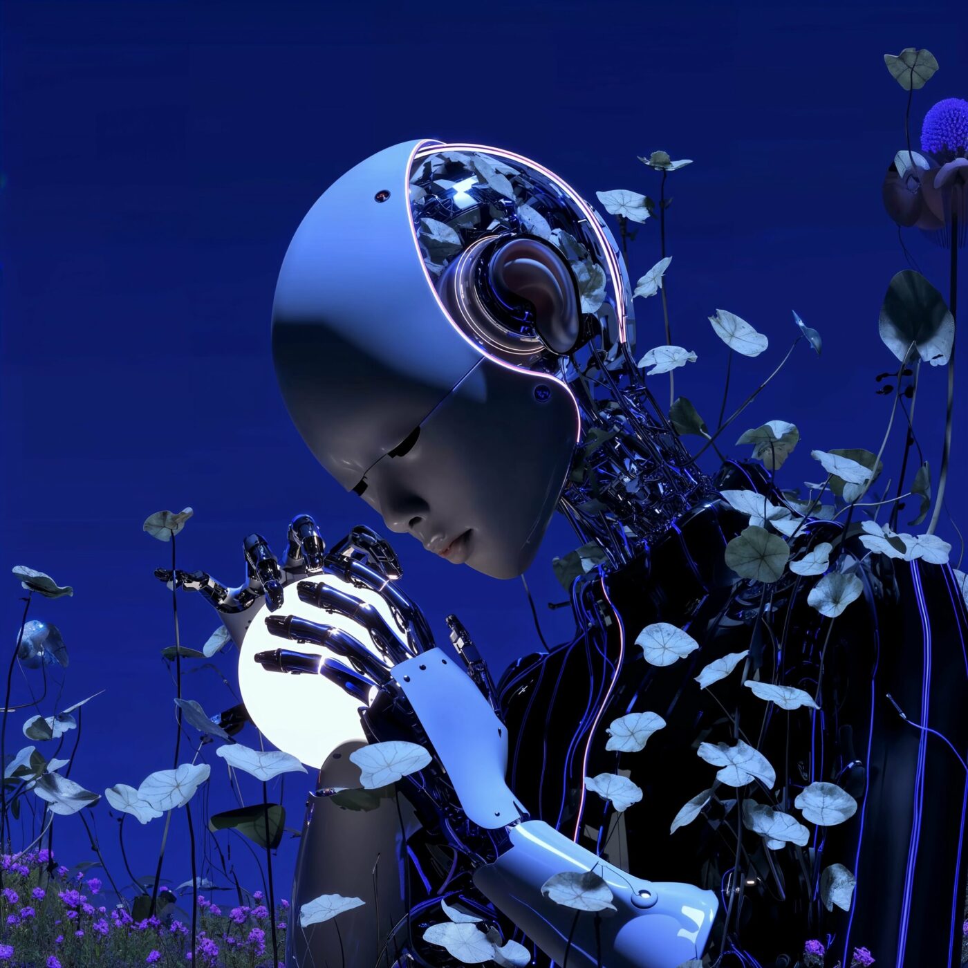 Un androïde féminin aux yeux clos tenant un globe lumineux au milieu de pétales flottants dans la nuit.