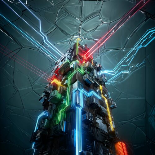 Structure mécanique futuriste illuminée par des circuits néon multicolores et traversée par des faisceaux laser rouges.