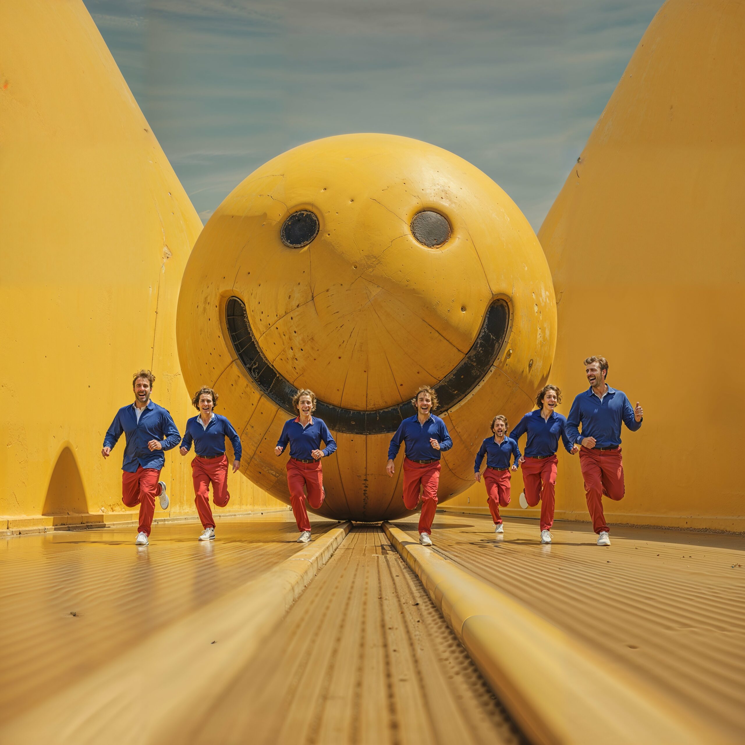 Un groupe en survêtement court sur une piste de bowling devant une géante boule smiley jaune.
