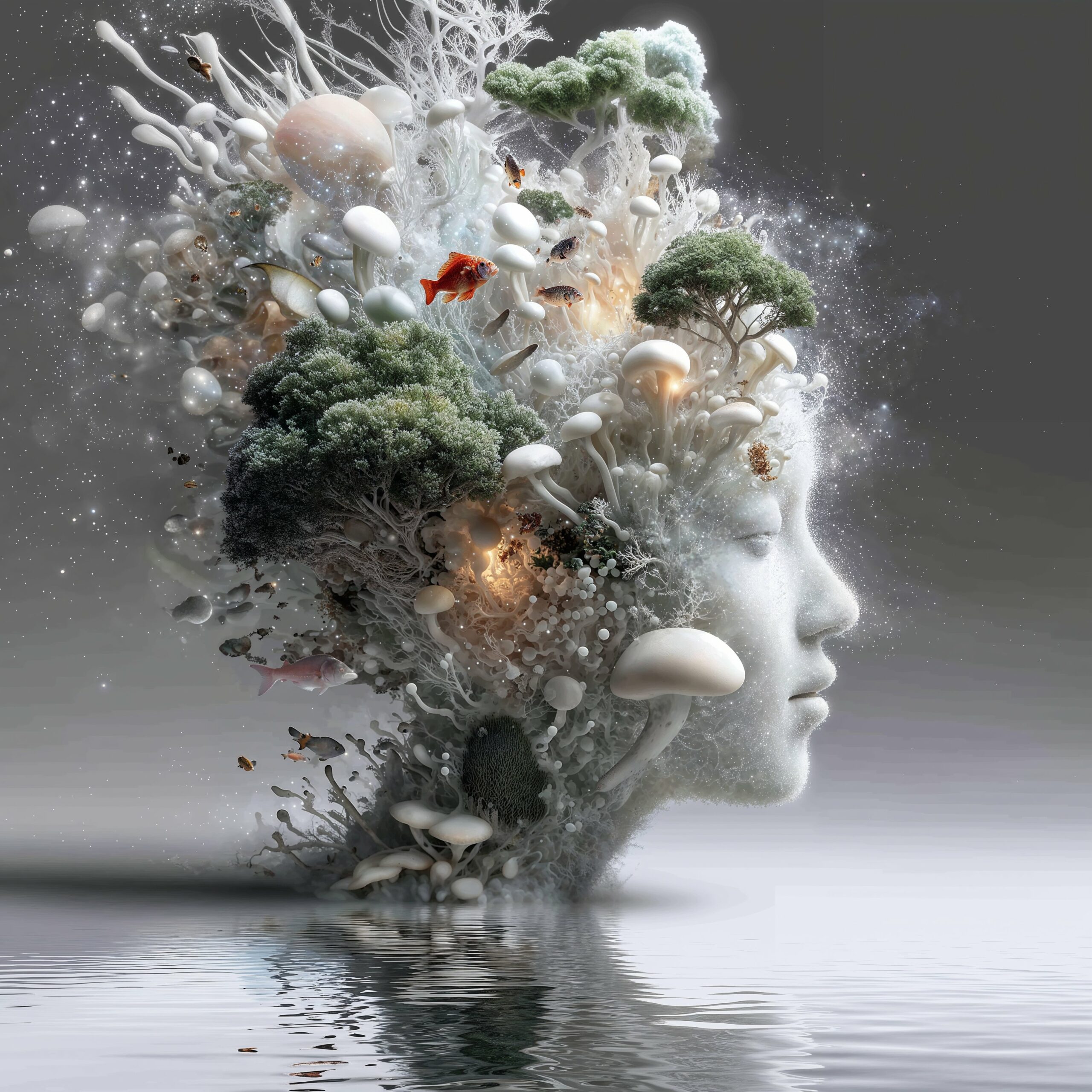 Profil de visage surréaliste fusionnant avec des plantes, des champignons et des éclaboussures.