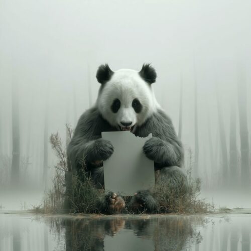 Un panda géant assis tenant une pancarte blanche vierge dans une forêt brumeuse.