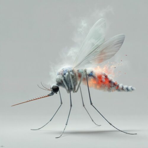 Un moustique stylisé avec des ailes de fumée et un abdomen incandescent sur fond gris.