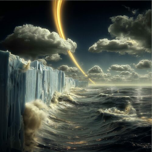 Une imposante falaise de glace surplombant un océan déchaîné sous un arc de lumière dorée.