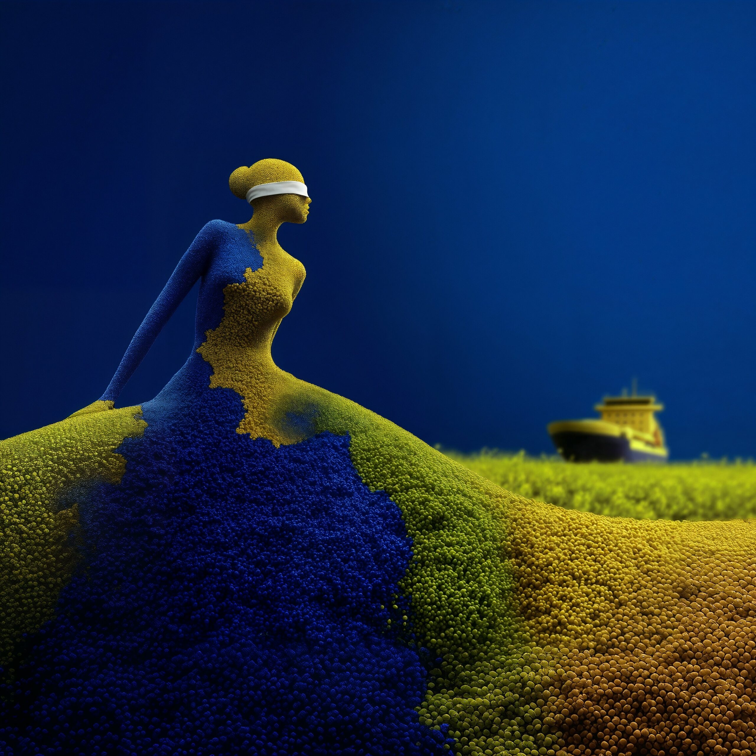 Sculpture d'une femme aux yeux bandés faite de pigments bleus et jaunes fusionnant avec le paysage.